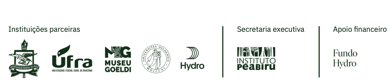 Instituições parceiras: UFPA, UFRA, Museu Goeldi, Universidade de Oslo, Hydro · Secretaria executiva: Instituto Peabiru · Apoio financeiro: Fundo Hydro